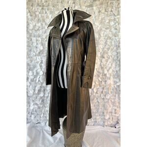 VTG 70s Womens Genuine Leather Small DARK Brown Long Double Breasted Trench Coat